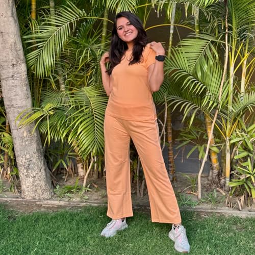 Image of Women's Relaxed Fit Cotton Co-Ord Set | Half Sleeve Top & Wide Leg Pants | Travel & Casual Wear
