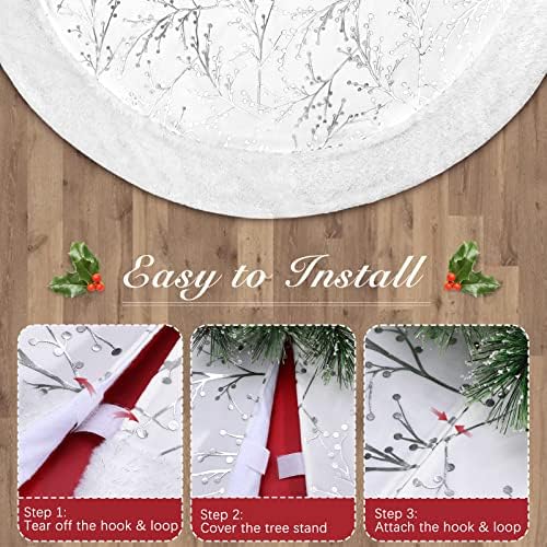 Lewondr 48 Inch Christmas Tree Skirt, White Plush Hot Stamping Pattern Tree Skirt for Holiday Party Xmas Tree Decorations, Silver