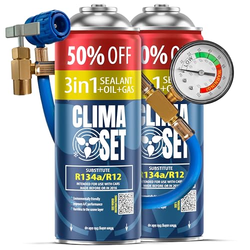 ClimaSet Recambio gas R134a R12 3in1 con manguera   manometro – Kit recarga aire acondicionado coche 2x235 g   Sustituto del refrigerante   Gas aire acondicionado coche   ECO