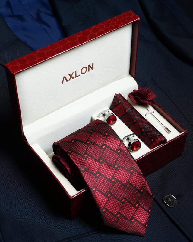 Image of Axlon Tie for Men - Micro Silk Neck Ties Set with Cufflinks Flower Pin, Pocket Square & Black Gift Box, Combo Necktie Sets for Office Wear, Formal Suits & Weddings (0, Checkpn)
