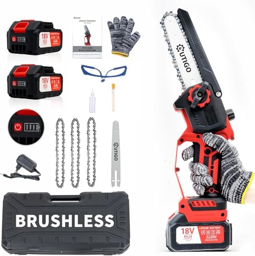 OUTIGO Motosierra de batería, equipada con 2 baterías de 3000mAh. 3 cadenas + 1 guía de cadena, mini motosierra eléctrica inalámbrica,