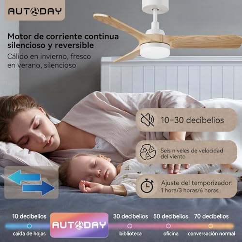 Miniatura 3 de Autoday Ventilador De Techo Con Luz Lámpara Led Diámetro 90cm Ultra Silencioso Ventilador Techo 30 W, 3 Aspas Reversibles,Mando Distancia Y Temporizador 1 3 6h,Ceiling Fan Light