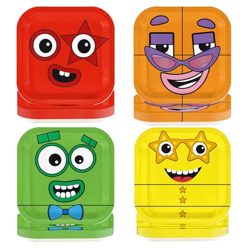 LADVCORP 60 Pcs Number Themed Block Square Plates 7 Cartoon Blocks Cute Face Party Plates Colorful Brick Number Birthday Tableware Sets for Girls Boys Teen Party Cartoon-themed Birthday Celebrations