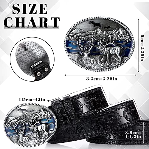 Photect Western Leather Buckle Belts Cowboy Deer Buckle Belt Wildlife Elk Buckle Belt Floral Engraved Cowboy Belts For Men (Black) #TOP1