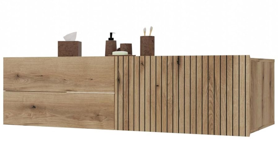 BDW TIGO 140 2S szafka łazienkowa z umywalką nasadową, 140 x 37,5 x 53 cm, dąb Evoke, 2 szuflady, rowkowany przód, do dużej łazienki, otwór na syfon