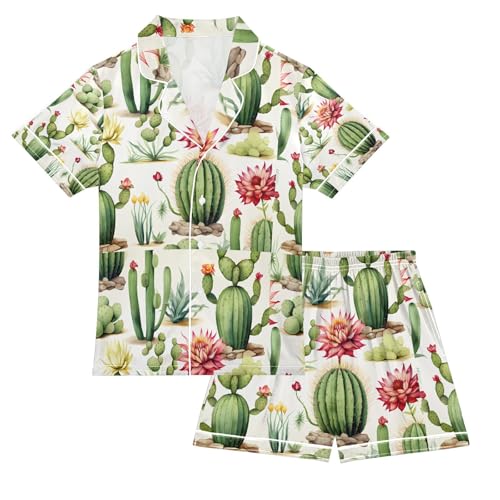 senya Cactus Flower Satin Summer Pajama Sets Silk Short Sleeve Button Down Sleepwear