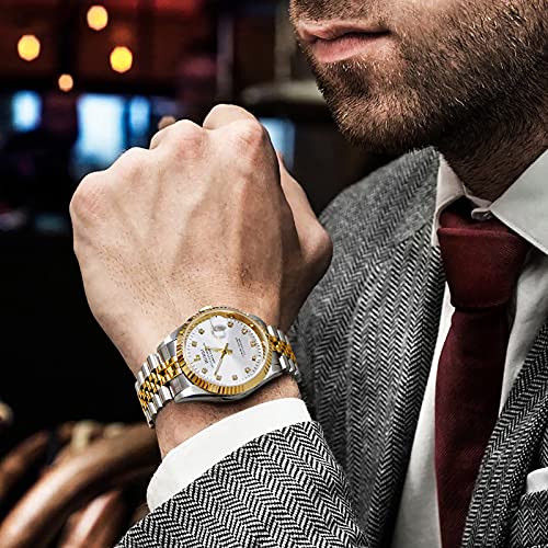 Burei Men's Luxury Automatic Watch Two Tones Stainless Steel Dress Wrist Watches Self-Winding #TOP6