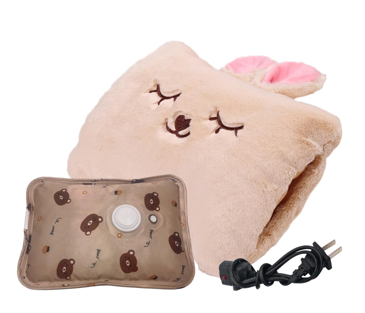 Cute Hot Water Bottle with Soft Cover，Portable Rechargeable Electric Hot Water Bag for Menstrual Cramps，Hot Compress Heating Pad,Plush Bunny Hand Warmer（Spring Expressive Gift