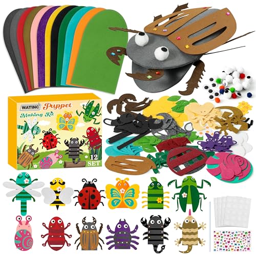 WATINC 12 Pcs Hand Puppet Making Kit, Art Craft Felt Sock Puppet Toys, Creative DIY Make Your Own Pompoms Wiggle Googly Eyes Storytelling Role Play Party Supplies Gift for Girls Boys (Insect Animals)