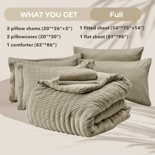 Image of HYMOKEGE Linen Full Size Comforter Sets Seersucker 7 Pieces, All Season Luxury Bed in a Bag for Bedroom, Bedding Set with Comforter, Sheets, Pillowcases & Shams