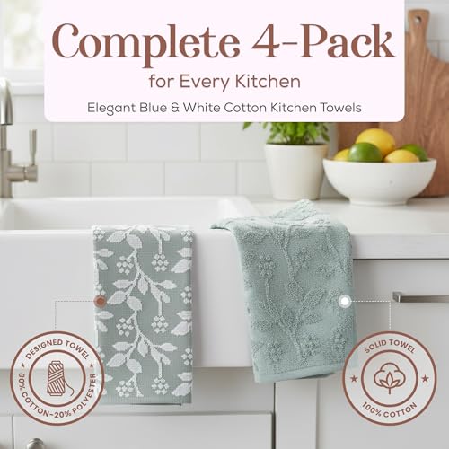 Image of Kitchen Towels, Blue and White Floral Cotton Hand Towels 4 Pack Absorbent Hand Drying Cloths, 18 x 28 Kitchen Linens