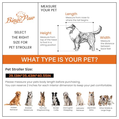 BingoPaw Faltbarer Hundebuggy Große Hunde: Klappbar Hundewagen bis 42kg Hundetrolley mit Regenschutz, Sicherheitsgurt, 4 Rädern & 3 Netzfenstern, Transportwagen Jogger Buggy für Haustiere