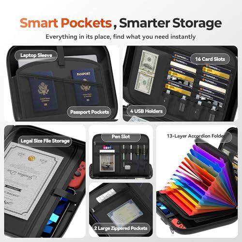 Image of Nacial Fireproof Document Box with Lock & Shoulder Strap, Hard-Shell Fireproof File Organizer with 13 Pocket Accordion File Folder, Portable Safe Storage for Important Documents, Laptop, Black