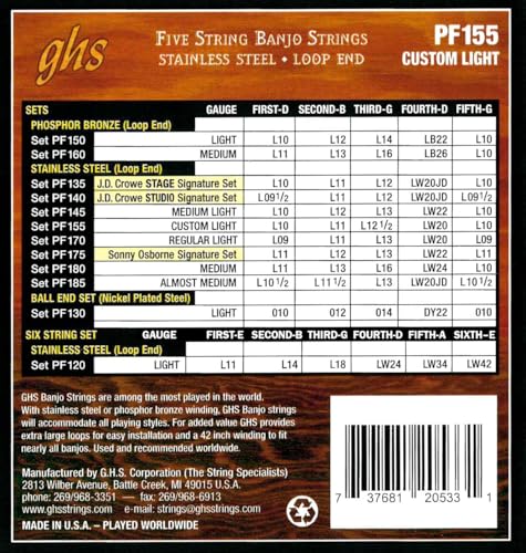 GHS BANJO - Stainless Steel String Set- 5-String - PF155 - Light, Silver, Pack of 1 - Image 2