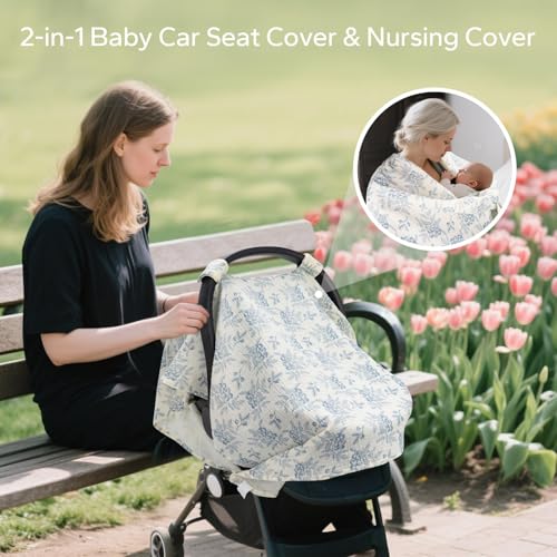 Image of SERAPHY 2-in-1 Muslin Baby Car Seat Cover & Nursing Cover, Soft Lightweight Breastfeeding Cover for Boys and Girls,Breathable Canopy for Infant Carseat & Stroller for Summer-Blueberrie