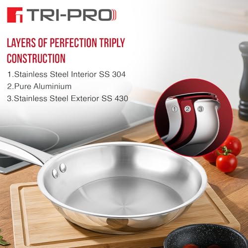 Image of BERGNER Tripro 18cm Triply Frypan with Long Stay Cool Ergonomic Handle with Excellent Grip, Consumes Less Oil, Healthy Cooking, Even Heat Distribution, Flared Rim - Induction and Gas Stove Ready