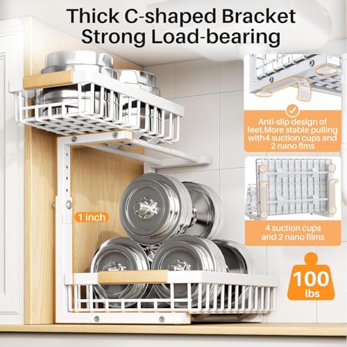 Image of PXRACK Under Sink Organizer, Adjustable Height, 2 Tier Pull Out Under Cabinet Organizer, Slide Out Thickened Metal Under Sink Storage for Kitchen Bathroom Laundry Pantry Cabinet, White, Small-1-Pack