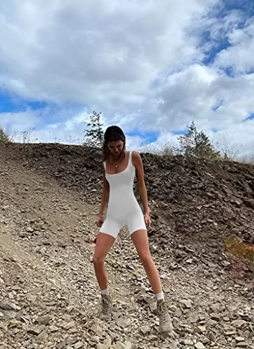 Laoara Women's Summer Workout Rompers Knit Sleeveless Bodycon Outfit Short Yoga Jumpsuit Playsuit White L #TOP5