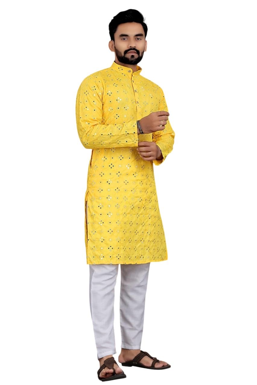jogal Men’s Embroidered Cotton Kurta Pyjama Set Mirror Work Ethnic Kurta | Regular Fit Long Sleeve Traditional Kurta with Churidar Pajama for Men-picture-0