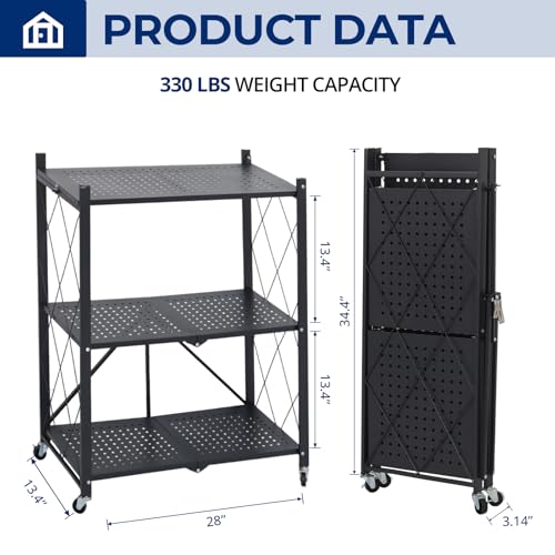 Image of 3 Tier Foldable Storage Shelves with Wheels, Metal Collapsible Organization Storage Rack, No Assembly Folding Bookshelf, Rolling Storage Rack for Kitchen, Bedroom, Pantry, Garage, Display, Black