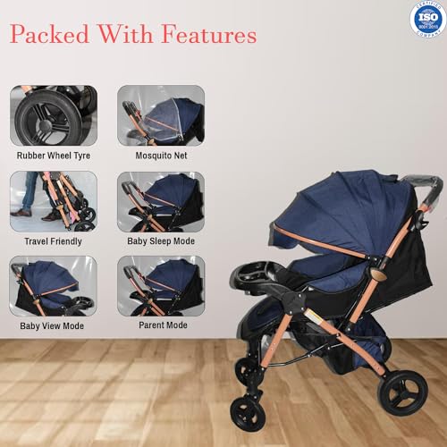 Image of Safe-O-Kid Breez Baby Rubber Wheel Stroller /Pram with 1 Year Warranty (Model - 2024) for New Born /Toddler /Kid for 0 to 3 Years Travel Friendly, 5 Point Safety Harness - Blue