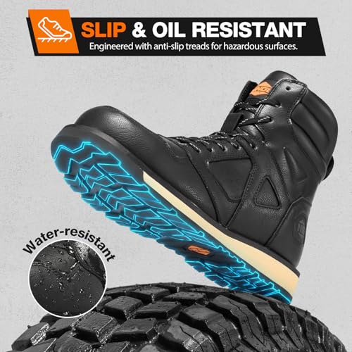 Image of NINGO Steel Toe Boots for Men, Comfortable Water & Slip Resistant Mens Work Boots with Side Zipper, Electrical Hazard Protection Heavy Duty Safety Shoes for Industrial Construction Outdoor Warehouse