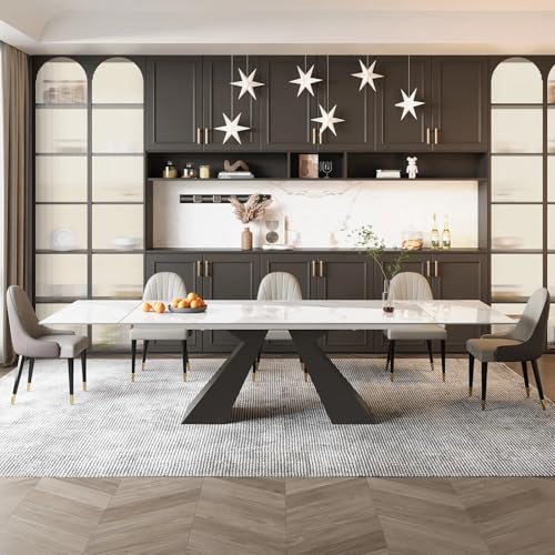 Trroec Telescoping Artificial Marble Dining Table,78.74-110.24 Inch Adjustable Length,8-12 People,Thick Carbon Steel Base for Kitchen Dining Room Family Party