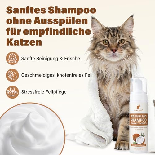 GJYC PET Trockenshampoo Katzen – Katzen Shampoo 200 ml, Kokosduft, pH-hautneutral, reinigt & pflegt sanft, entwirrt und spendet Feuchtigkeit – Für empfindliche Haut