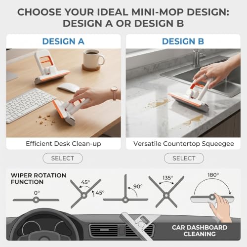 Image of Khedu Fab 2-in-1 Mini Foldable Desktop Mop Wiper 360 Rotating - Self-Wringing Portable Table & Counter Cleaner for Kitchen, Office, Bathroom & Car | Reusable Microfibre Cleaning Wiper Mop