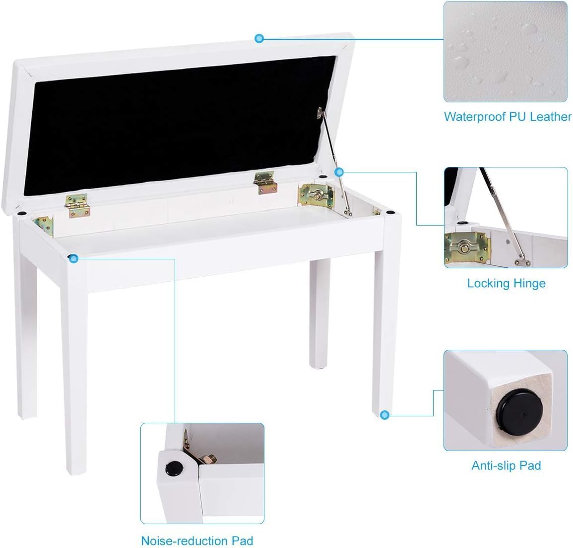 Piano Bench, Comfortable Piano Stool with Padded Cushion & Music Storage, Heavy Duty Leather Duet Seat with Locking Hinge, Wood Keyboard Bench for Home, 14’’D x 29.5’’W x 19.5’’H (White)