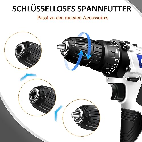 Weiß Akku-Bohrmaschine, Bohrmaschinen Set mit 23 Teiligem Zubehör, 2 Variable Drehzahlen, 3/8 Zoll Schlüsselloses Spannfutter, 18+1 Drehmomenteinstellung, mit 1500mAh-Akku und Werkzeugkoffer – Bild 5