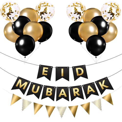 Buygain Eid Decorations For Home, Black And Gold Eid Mubarak Decorations -12inch Birthday Balloons, Ribbons and Banners, Buntings, Wall Hooks, A Perfect Eid Decorations Balloons.