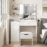 Fameill Escritorio de maquillaje con espejo iluminado y tira de alimentación, juego de mesa de tocador blanca con luces y estante para secador de pelo, mesa de maquillaje de 2 cajones, 3 colores de