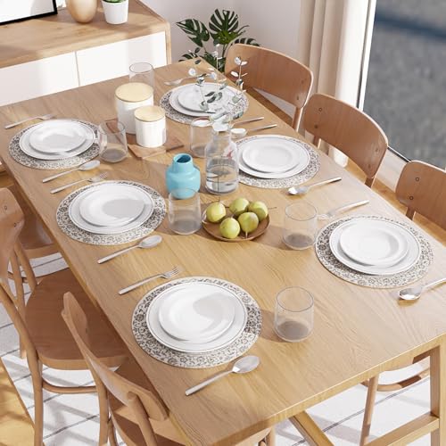 Image of Dining Table Mats Set of 6 | Cotton Table Mat 32 cm Diameter, Encasa XO Washable Round Table Mats, Heat Resistance Dining Table Placemats, Handmade Ribbed Style for Centre Table, Printed Grey