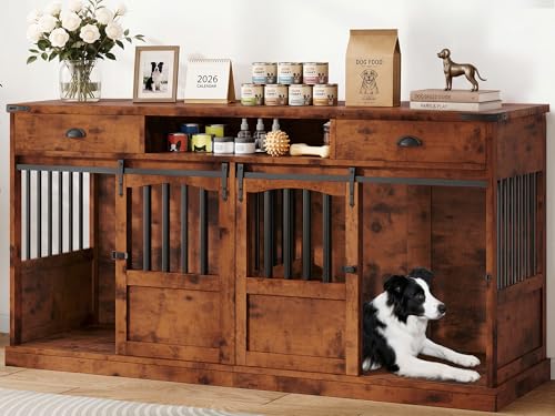 Homiflex 72 Double Dog Crate Furniture with Charging Station Extra Large Wooden Dog Kennel with 2 Storage Drawers & Barn Doors Heavy Duty Dog Cage for 2 Indoor Medium Large Dogs TV Stand Brown