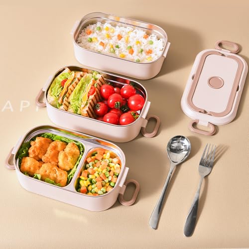 Image of House of Quirk 304 Stainless Steel Bento Lunch Box for Adults - 3 Stackable Leakproof Containers with Insulated Thermal Carry Case, Spoon & Fork Included, Microwave Safe Portable Tiffin Box (Beige)