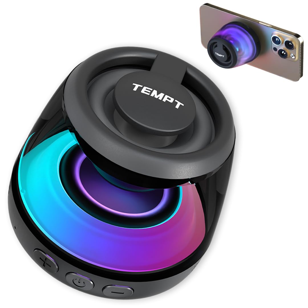 TEMPT Cameo Bluetooth Speaker | 6W in-Built Subwoofer & Mic | 6hrs Playtime | Powerful Bass | Magnetic Stick on Design | RGB Lights | Portable Travel Speaker (Black)