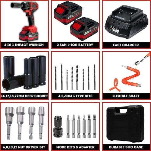 Image of STARQ 4-in-1 Cordless Impact Wrench /Driver Drill 48V, 850Nm Torque, 2x5.0Ah Li-ion Batteries, Variable Speed, LED Light | 30-Piece Kit of Sockets & Bits, Fast Charger & Carry Case.
