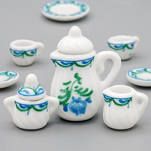 Odoria 1/12 Miniature Porcelain Tea Set 15Pcs Dollhouse Decoration Accessories, Green #TOP2