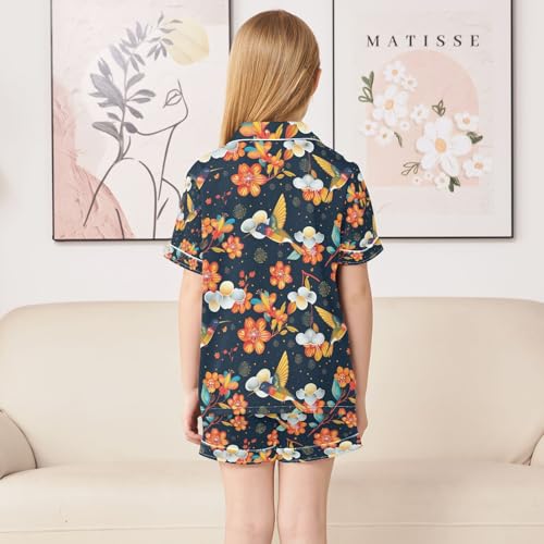 senya Flower on Bird Satin Summer Pajama Sets Silk Short Sleeve Button Down Sleepwear 5