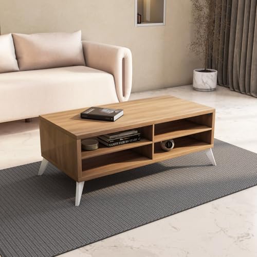 Image of Nilkamal Trixie Center Table | Wooden Coffee Table for Sofa Set | Tea Table with 1 Surface Top and 4 Shelves | Open Storage Organizer for Living Room, Office | Oak