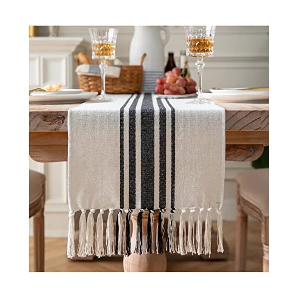 Boho Table Runner for Modern Farmhouse Decor, Dining Table décor 13 x 72 Inch Long, Coffee Table Runner with Handcrafted Tassels, Black and Beige Stripe Table Runner for Home Boho décor