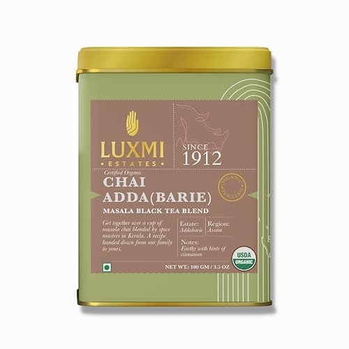 Luxmi Estates Masala Chai - Lata de hojas sueltas de 353oz Chai Adda-Bari té negro orgánico certificado fuerte robusto y aromático Masala Chai bolsa