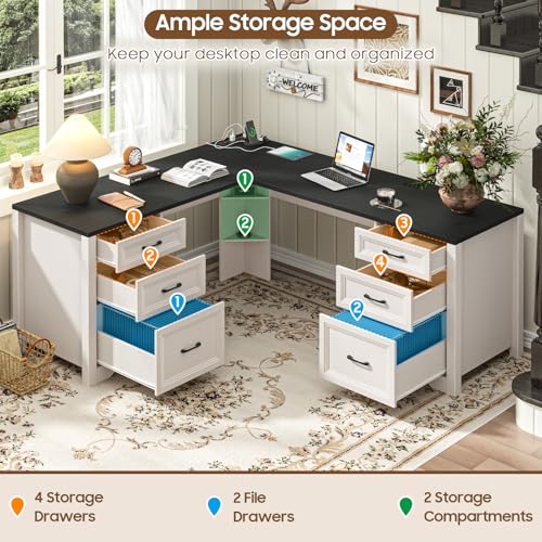 Image of Vabches Wood L Shaped Executive Desk with 6 Drawers, Farmhouse Home Office Desk with Power Outlets and Triangle Under-Desk Storage Shelf & Drawer File Cabinet, Corner Computer Desk, Black