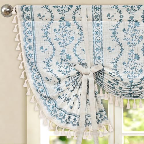 Image of Yinhua Boho Tie Up Curtains for Windows Vintage Linen Valance Light Filtering Floral Valance Rod Pocket Rustic Adjustable Tassel Window Valances for Bathroom, 42 inch W X 45 inch L, White Blue