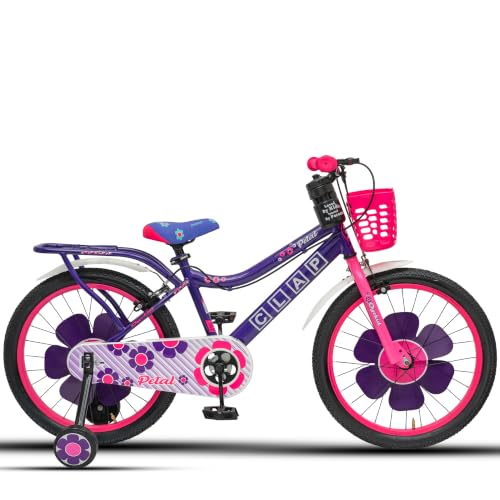 Image of Petal 20T Kids Bicycle with Training Wheels | Backrest, Basket & Full Chain Cover | Ideal for Girls Aged 7-9 Years (Purple-Pink, 20T)
