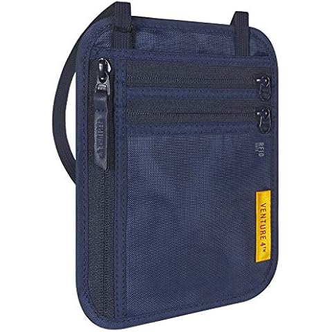 VENTURE 4TH Slim Passport Holder Neck Pouch with RFID Blocking Travel Neck Wallet and a Nylon Lining (Navy) Cover