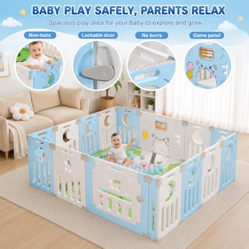 Image of 16 Panel Playpen for Babies Upto 5 Year Foldable Baby Kids Fence Playard Playpen with Mat & Balls Activity Play Yard for Kids Play Area Indoor Setup Fence for Toddlers Outdoor Playarea with Gate(Blue, 6 * 5ft=30sqft)