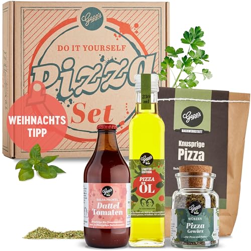 Gepp’s Feinkost DIY Pizza Geschenkset I Knusprige und leckere Pizza zum Selbermachen I Geschenk mit Pizzateig nach neapolitanischer Art, Sugo aus Kirsch- und Datteltomaten, Pizzaöl und Bio Pizzagewürz