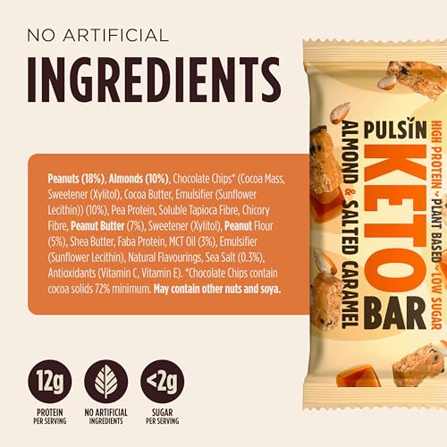 Pulsin - Plant Based Keto Protein Bars - Low Carb - 50g x18-7.3g Protein, 5.6g Fibre, 5.1 Carbs - Palm Oil, Dairy And Gluten Free Snack Bar - Almond Salted Caramel - Image 3